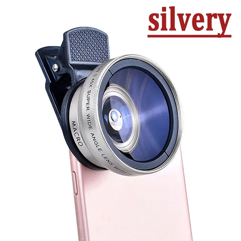 Universal 2 in 1 Lens Clip 37Mm Mobile Phone Lens Professional 0.45X 49Uv Super Wide-Angle + Macro HD Lens for Iphone Xiaomi 12