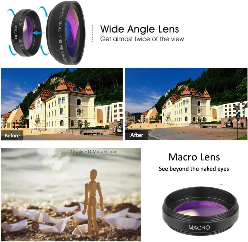 Universal 2 in 1 Lens Clip 37Mm Mobile Phone Lens Professional 0.45X 49Uv Super Wide-Angle + Macro HD Lens for Iphone Xiaomi 12