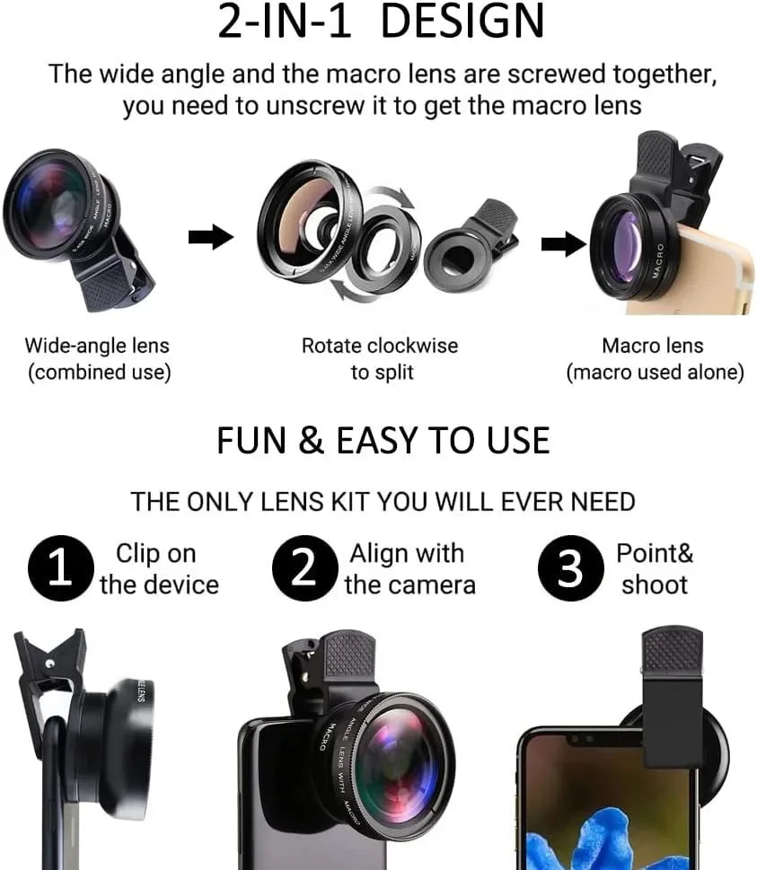 Universal 2 in 1 Lens Clip 37Mm Mobile Phone Lens Professional 0.45X 49Uv Super Wide-Angle + Macro HD Lens for Iphone Xiaomi 12