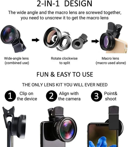 Universal 2 in 1 Lens Clip 37Mm Mobile Phone Lens Professional 0.45X 49Uv Super Wide-Angle + Macro HD Lens for Iphone Xiaomi 12