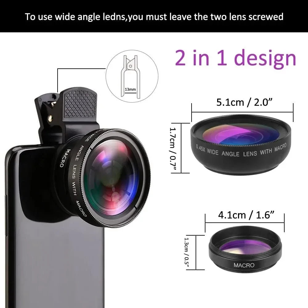 Universal 2 in 1 Lens Clip 37Mm Mobile Phone Lens Professional 0.45X 49Uv Super Wide-Angle + Macro HD Lens for Iphone Xiaomi 12