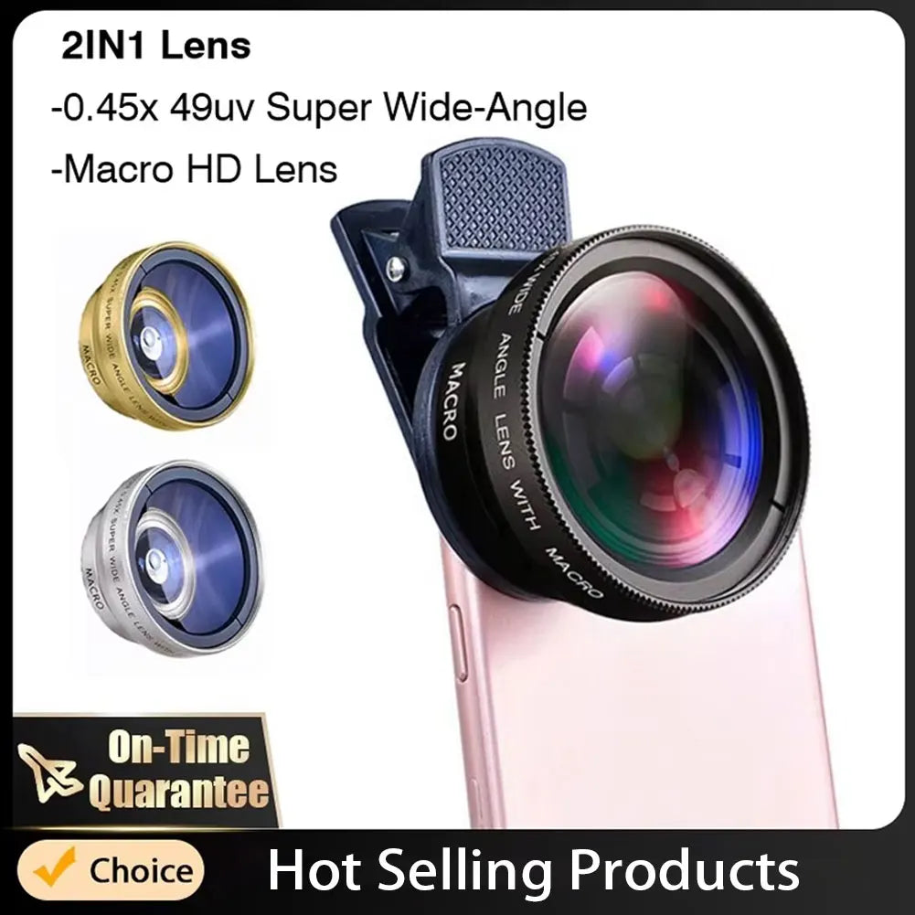 Universal 2 in 1 Lens Clip 37Mm Mobile Phone Lens Professional 0.45X 49Uv Super Wide-Angle + Macro HD Lens for Iphone Xiaomi 12