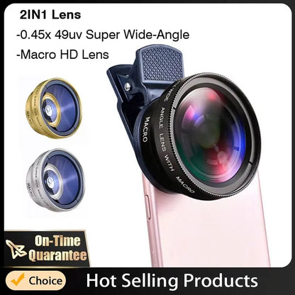 Universal 2 in 1 Lens Clip 37Mm Mobile Phone Lens Professional 0.45X 49Uv Super Wide-Angle + Macro HD Lens for Iphone Xiaomi 12