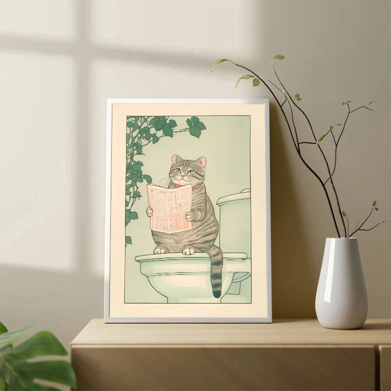Japanese Tabby Cat in Bathtub Canvas Poster – Retro Japandi Bathroom Wall Art