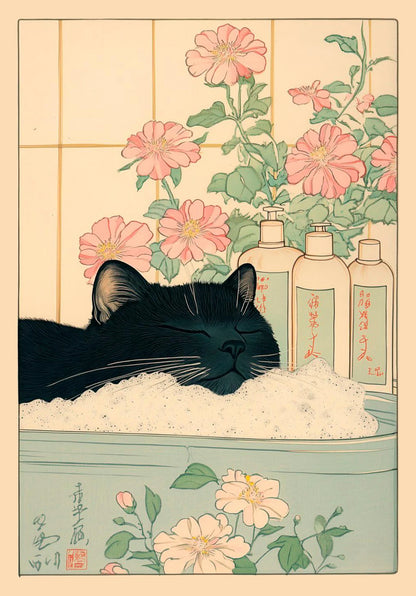 Japanese Tabby Cat in Bathtub Canvas Poster – Retro Japandi Bathroom Wall Art