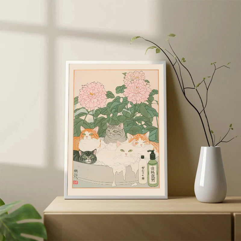 Japanese Tabby Cat in Bathtub Canvas Poster – Retro Japandi Bathroom Wall Art