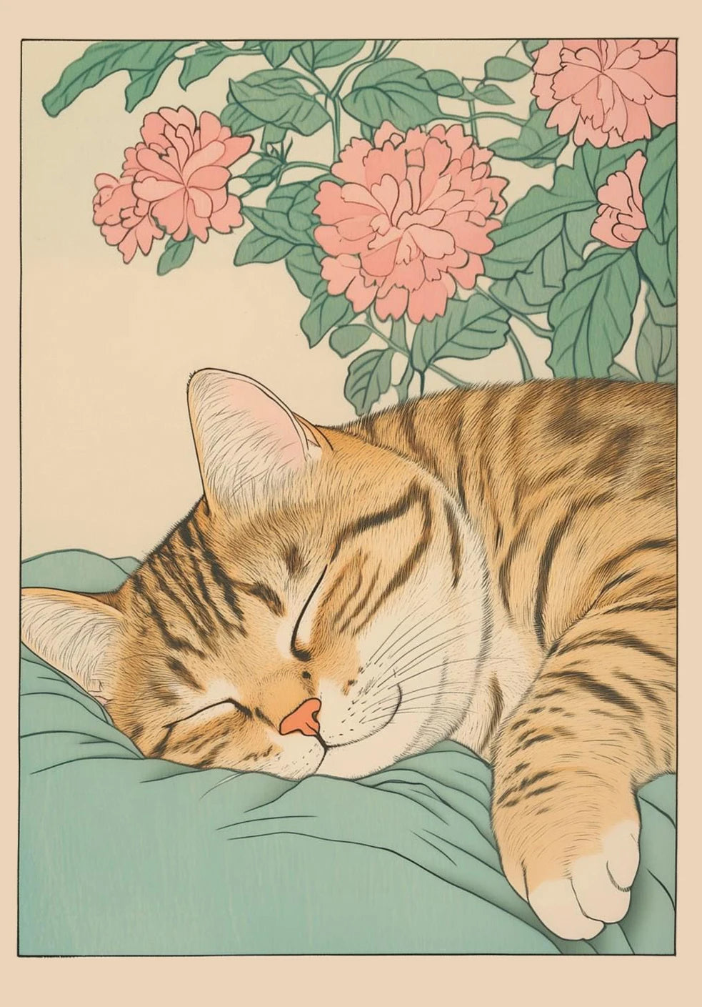 Japanese Tabby Cat in Bathtub Canvas Poster – Retro Japandi Bathroom Wall Art