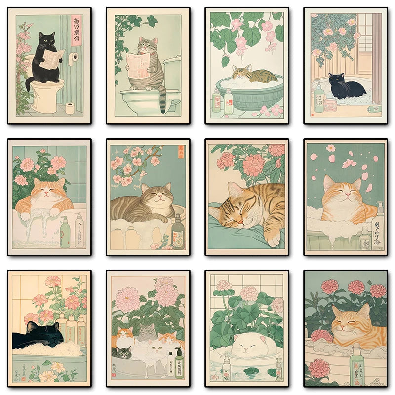 Japanese Tabby Cat in Bathtub Canvas Poster – Retro Japandi Bathroom Wall Art