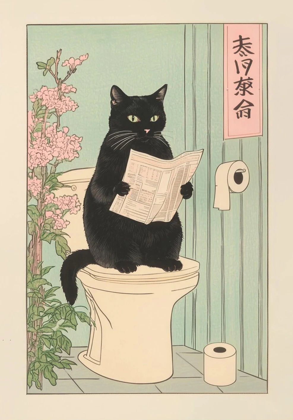 Japanese Tabby Cat in Bathtub Canvas Poster – Retro Japandi Bathroom Wall Art