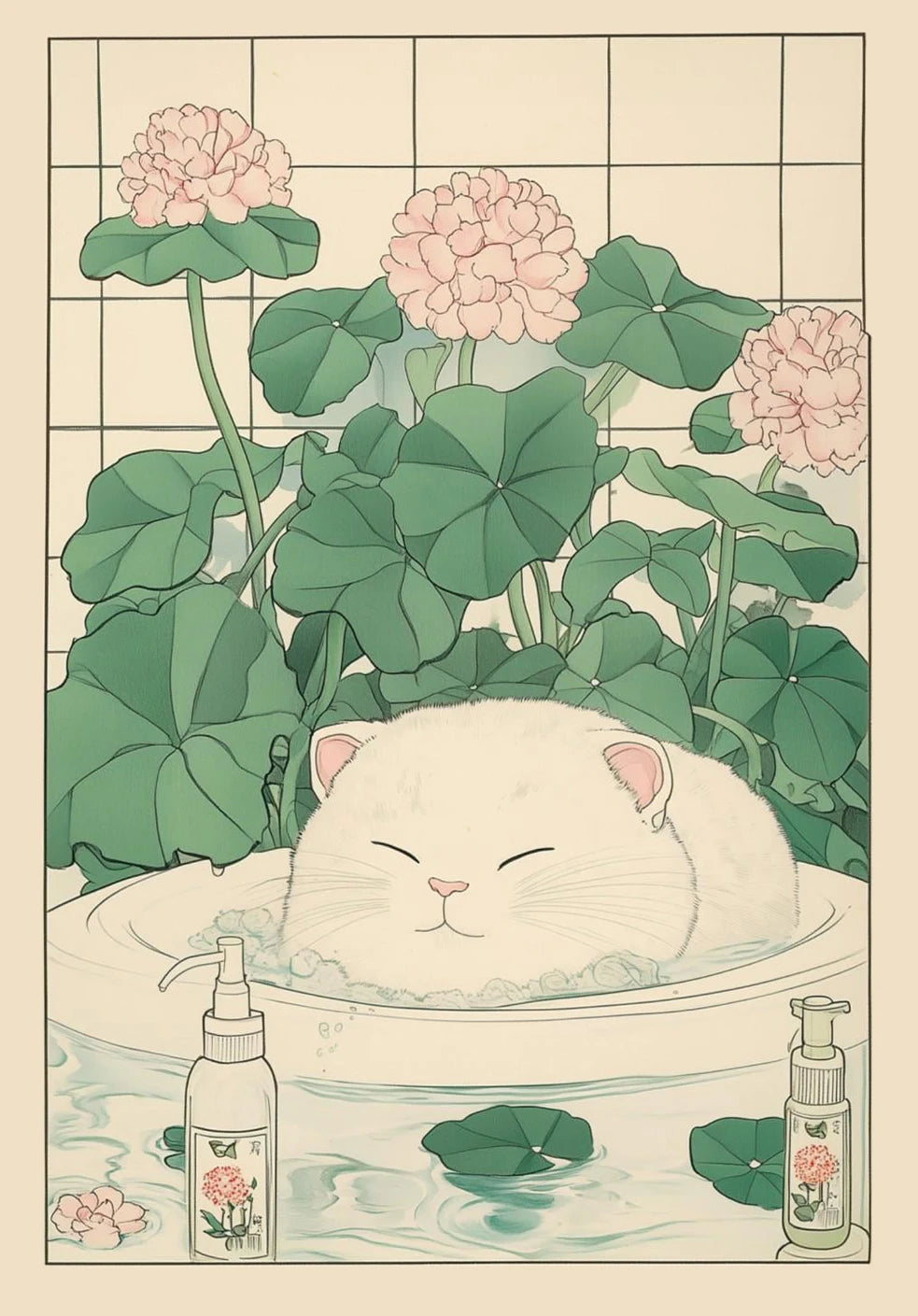 Japanese Tabby Cat in Bathtub Canvas Poster – Retro Japandi Bathroom Wall Art