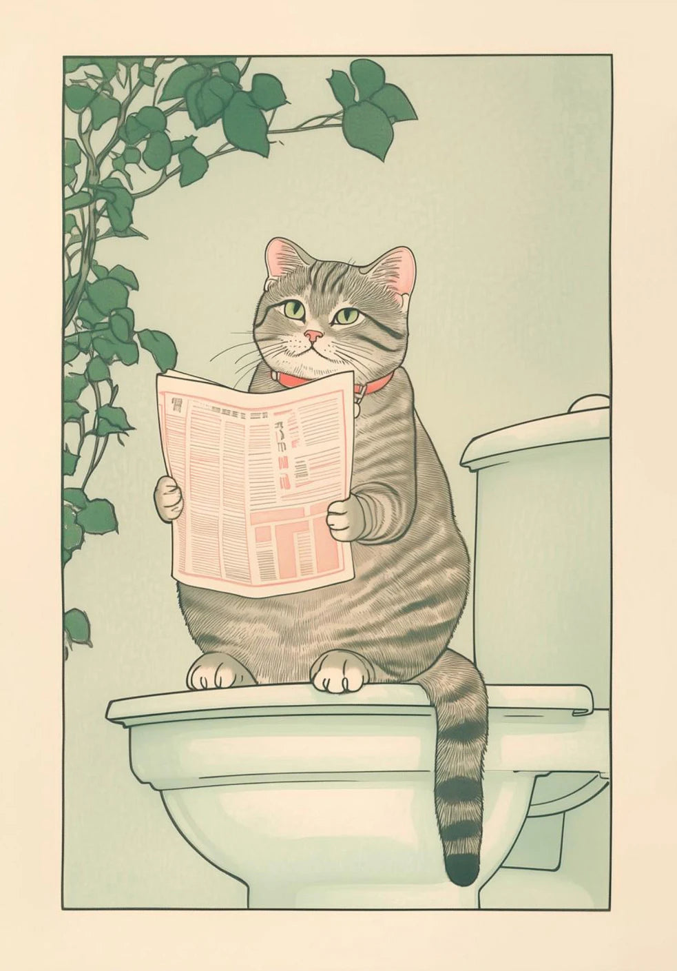 Japanese Tabby Cat in Bathtub Canvas Poster – Retro Japandi Bathroom Wall Art