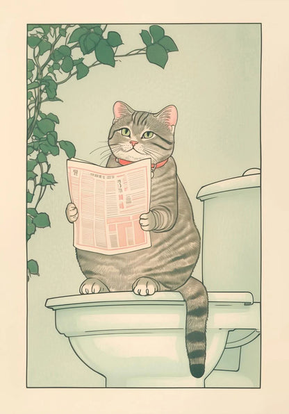 Japanese Tabby Cat in Bathtub Canvas Poster – Retro Japandi Bathroom Wall Art