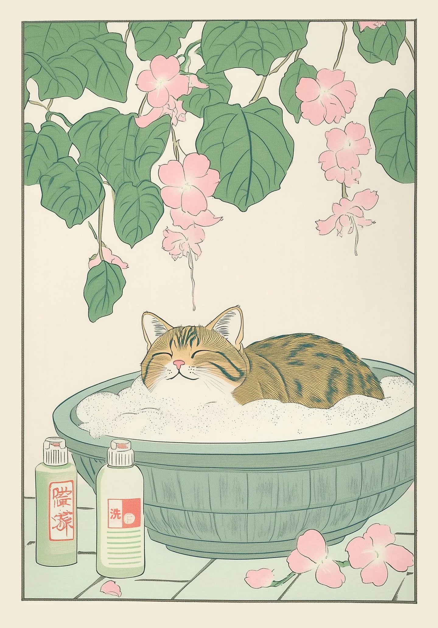 Japanese Tabby Cat in Bathtub Canvas Poster – Retro Japandi Bathroom Wall Art
