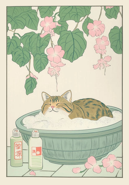 Japanese Tabby Cat in Bathtub Canvas Poster – Retro Japandi Bathroom Wall Art